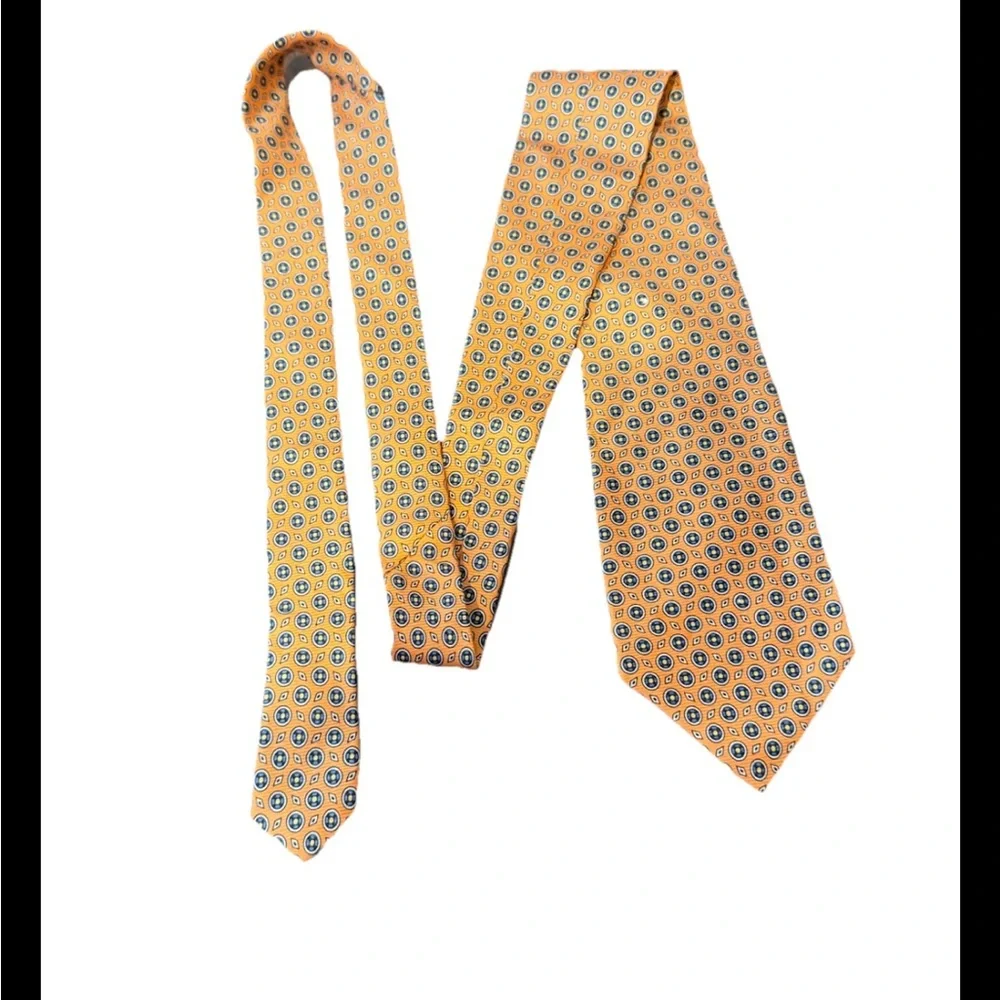 Lauren Ralph Lauren / orange 100% silk‎ necktie w circular blue pattern & dots